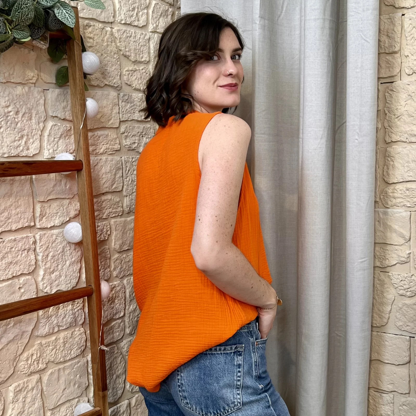 Top gaze de coton et bouton (TU) - orange - taille-unique