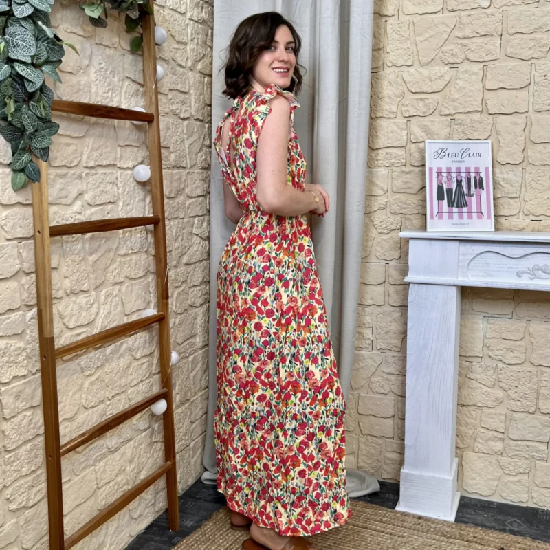 Robe longue fleurie - rouge-jaune - 38