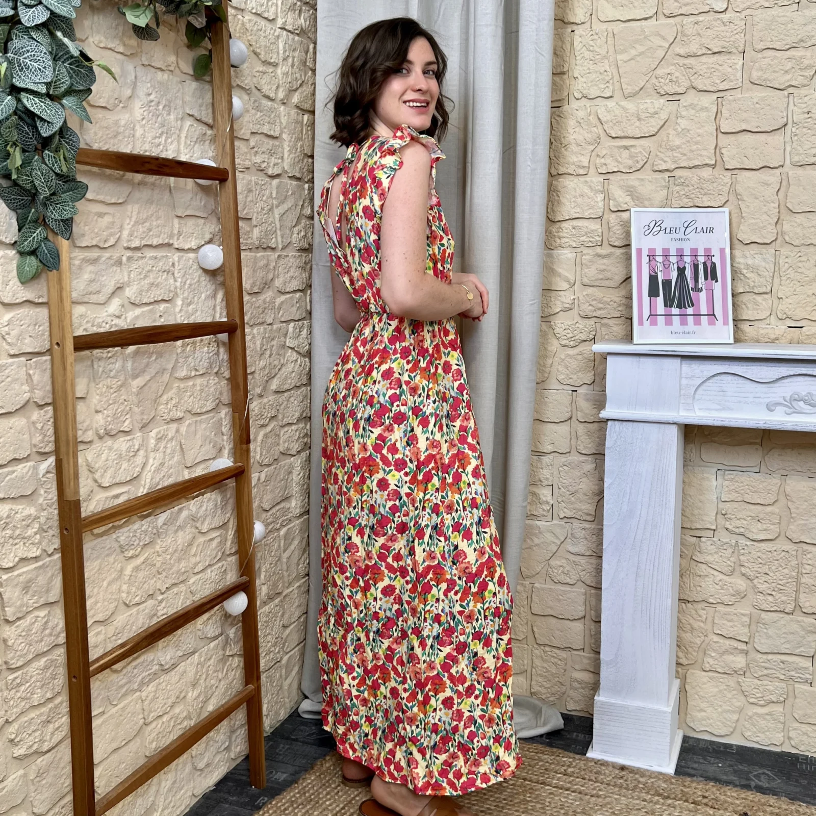Robe longue fleurie - rouge-jaune - 38