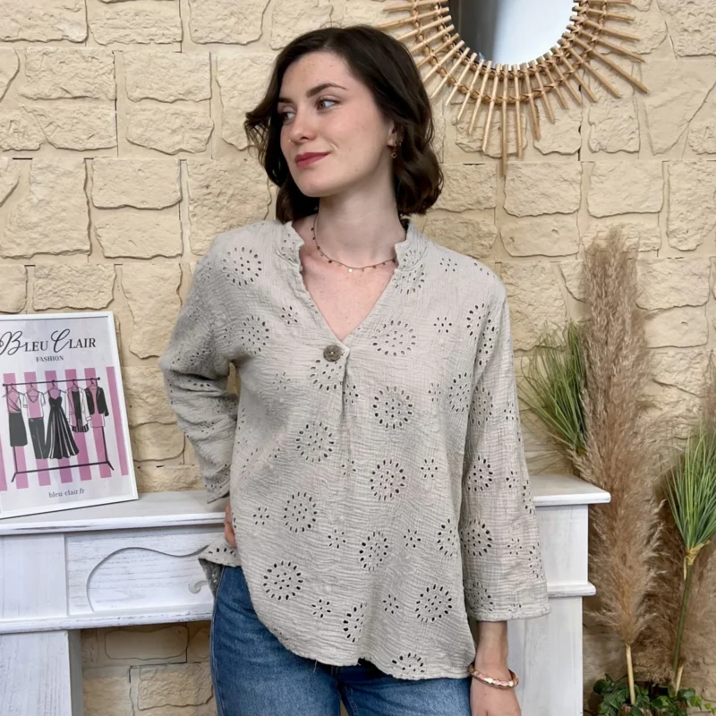 Blouse brodée en coton (TU) - beige - taille-unique