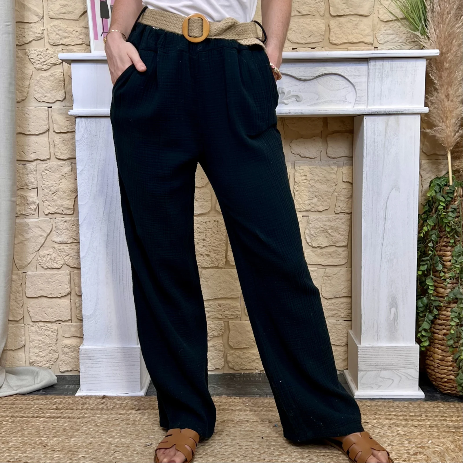 Pantalon gaze de coton et ceinture (TU) - noir - taille-unique face