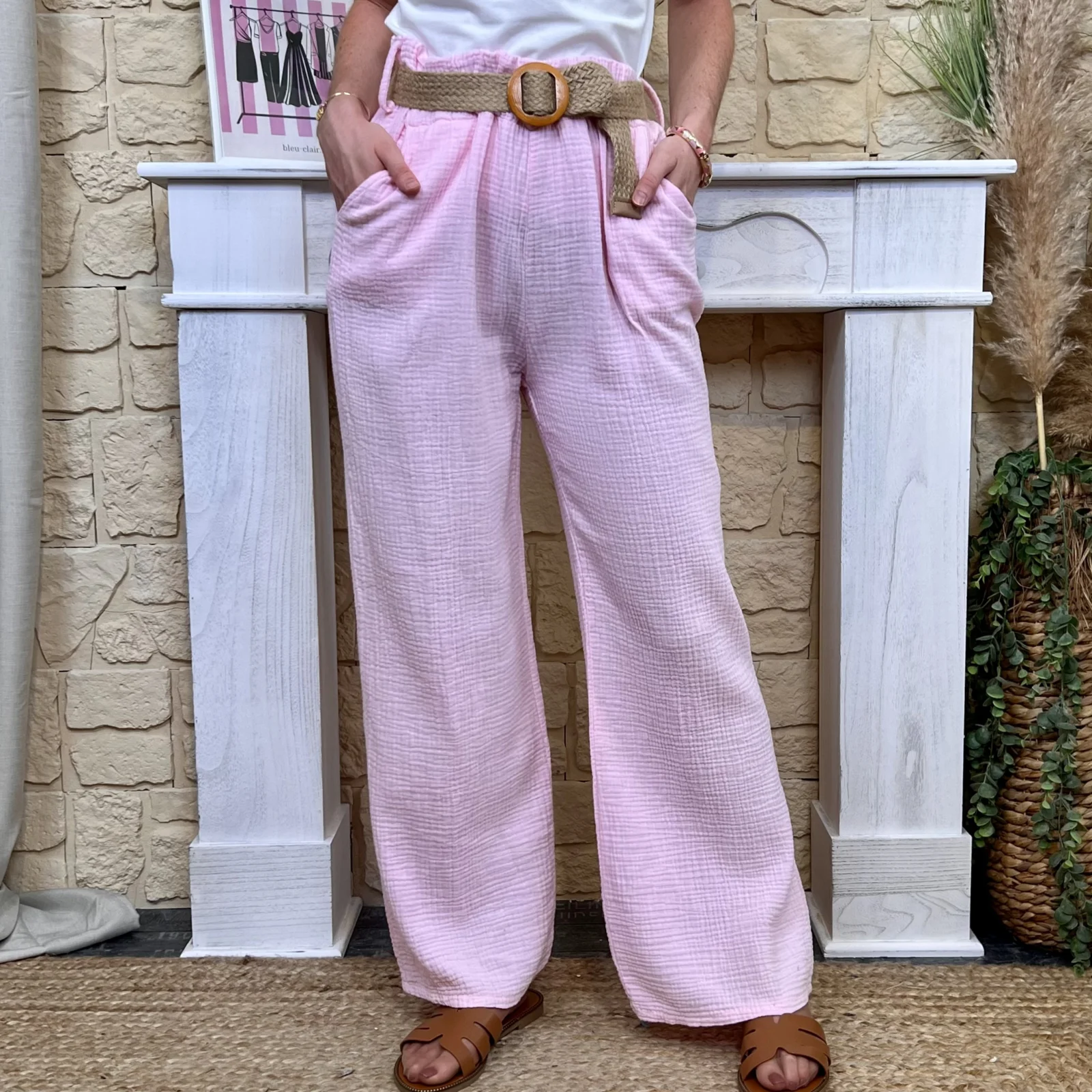 Pantalon gaze de coton et ceinture (TU) - rose-pale - taille-unique