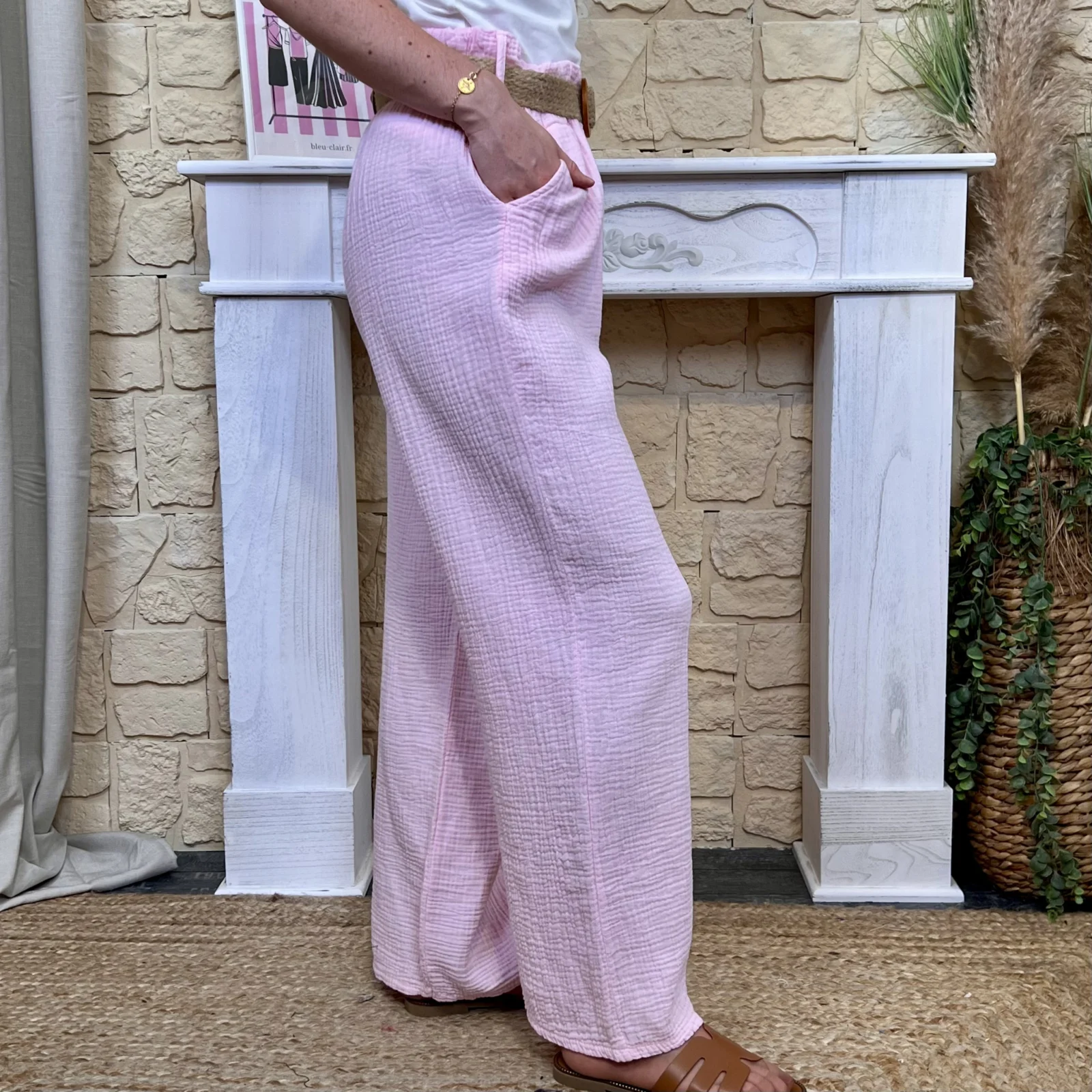 Pantalon gaze de coton et ceinture (TU) - rose-pale - taille-unique