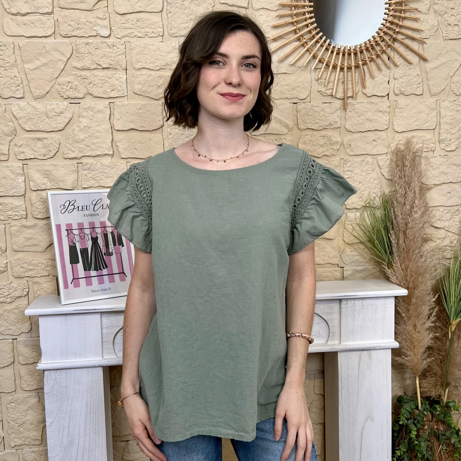 Blouse avec manches volantées (TU) - kaki - taille-unique