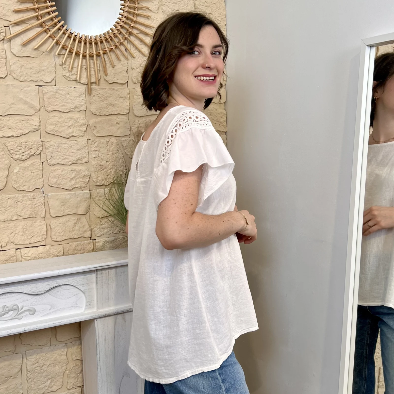 Blouse avec manches volantées (TU) - blanc - taille-unique