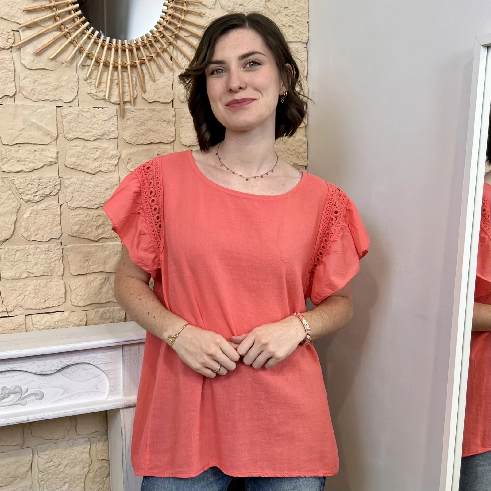 Blouse avec manches volantées (TU) - corail - taille-unique