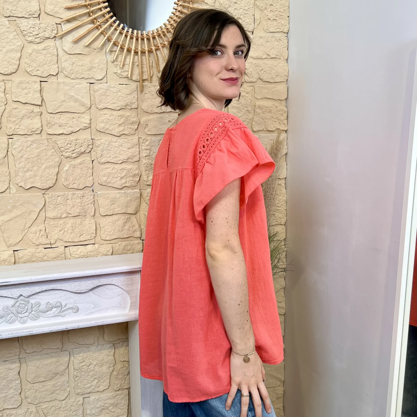 Blouse avec manches volantées (TU) - corail - taille-unique