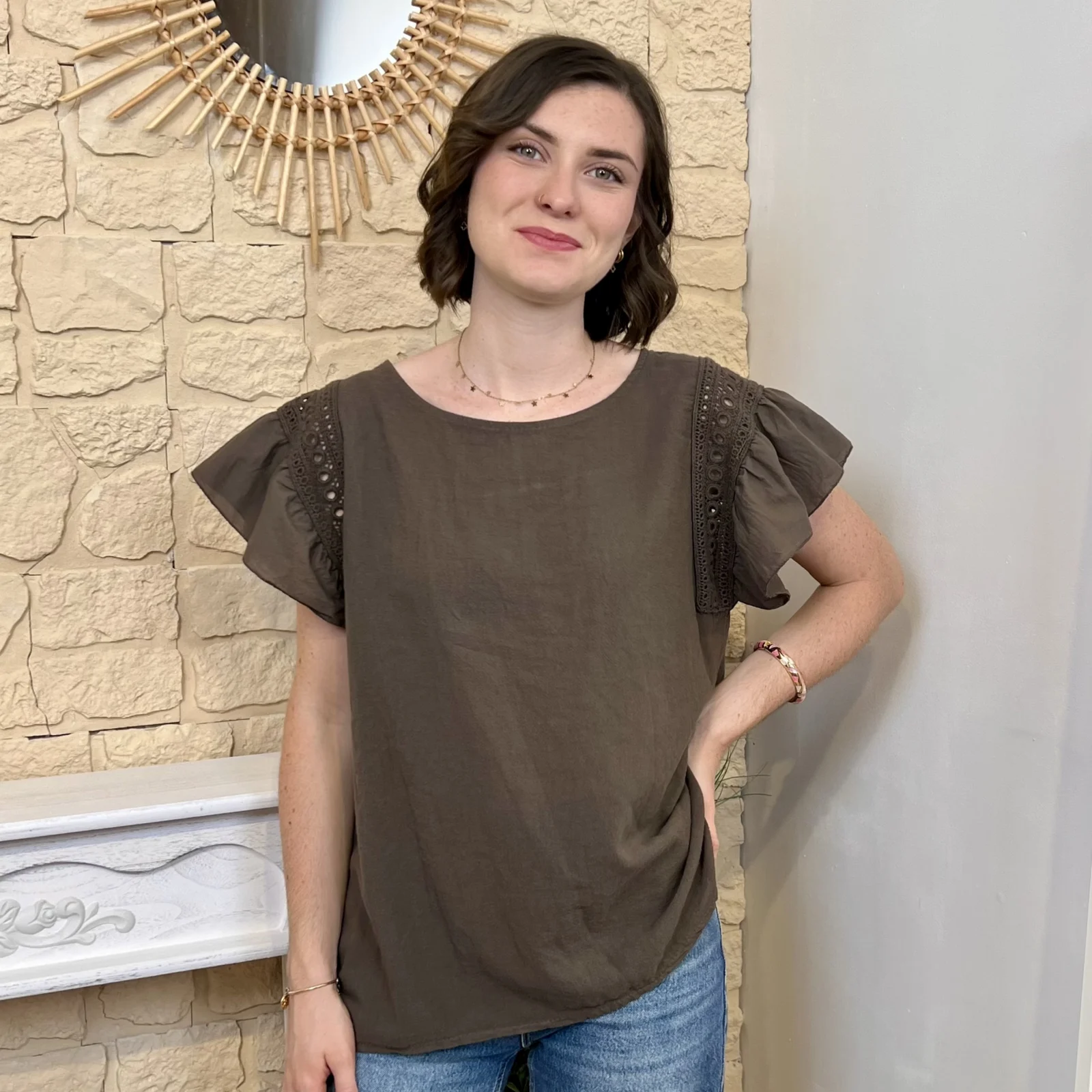 Blouse avec manches volantées (TU) - marron - taille-unique