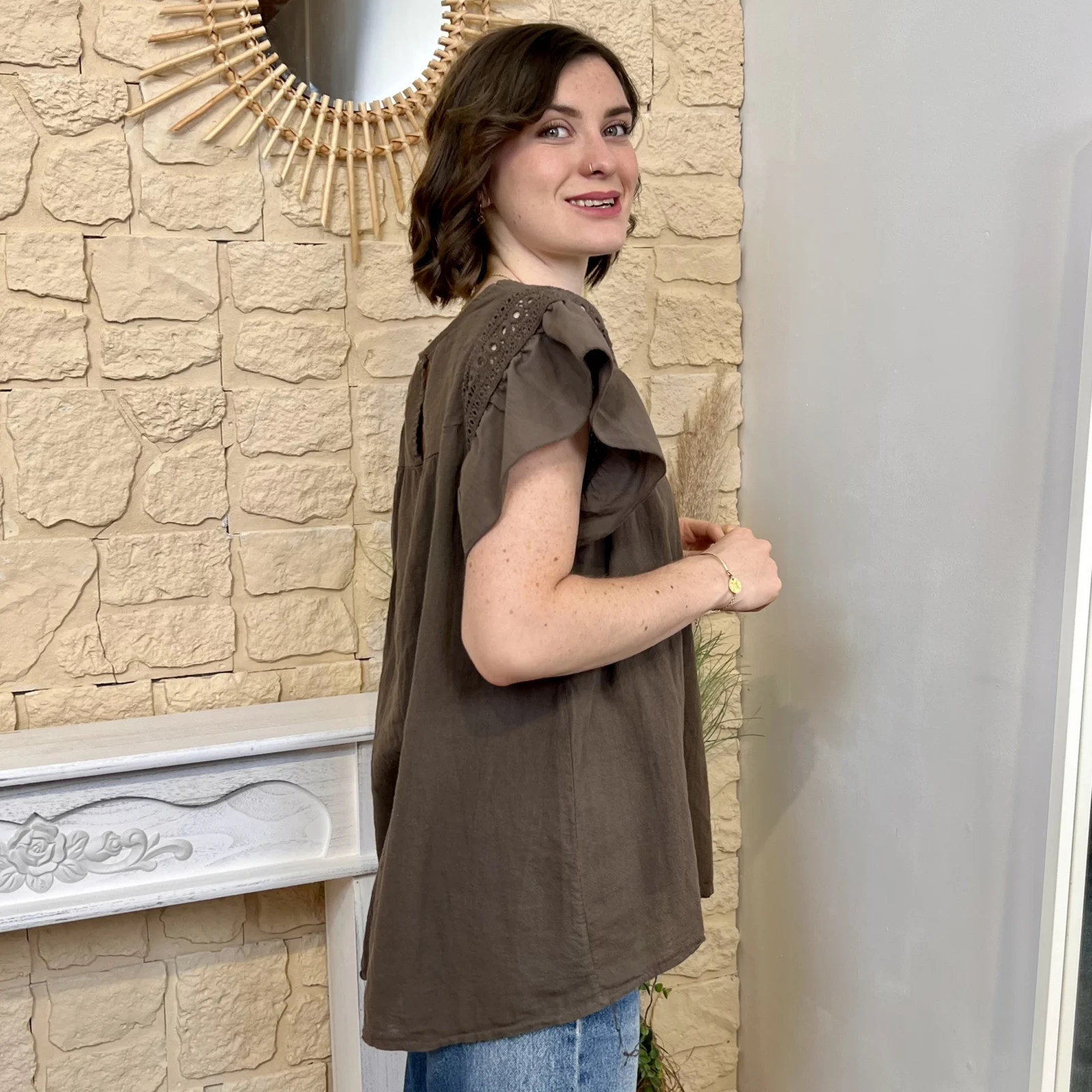 Blouse avec manches volantées (TU) - marron - taille-unique