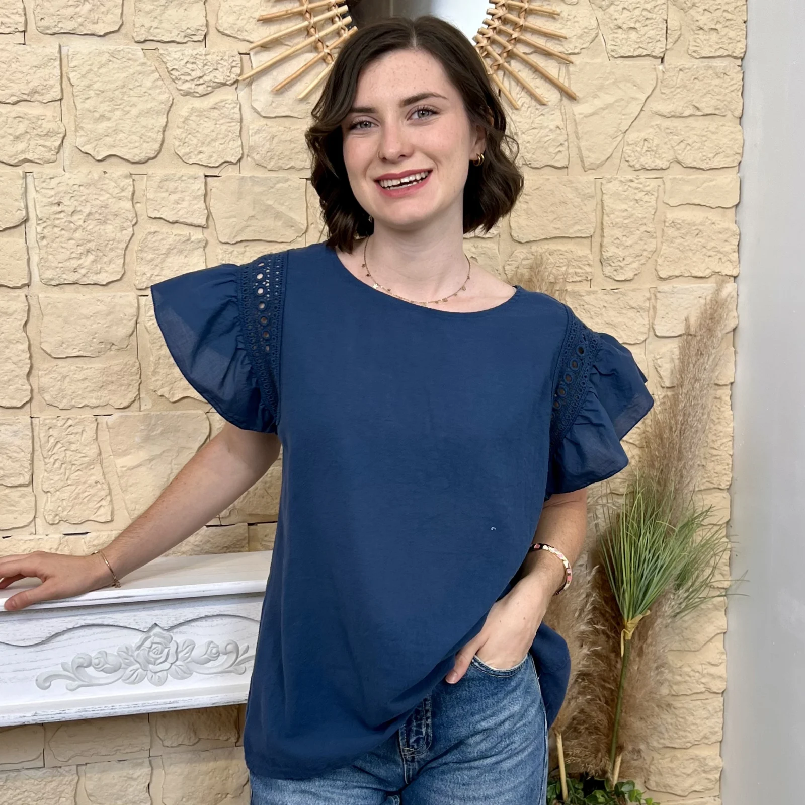 Blouse avec manches volantées (TU) - marine - taille-unique