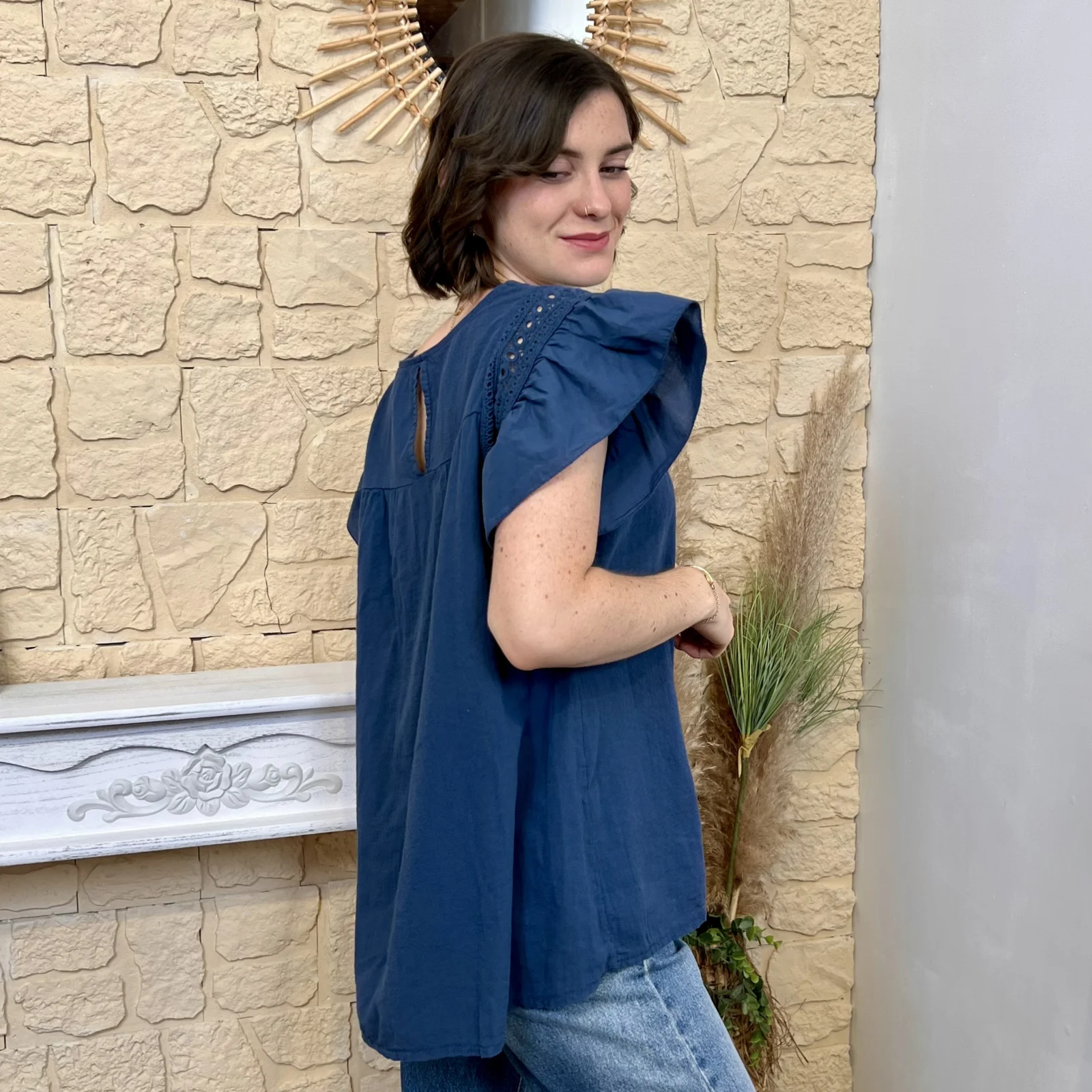 Blouse avec manches volantées (TU) - marine - taille-unique