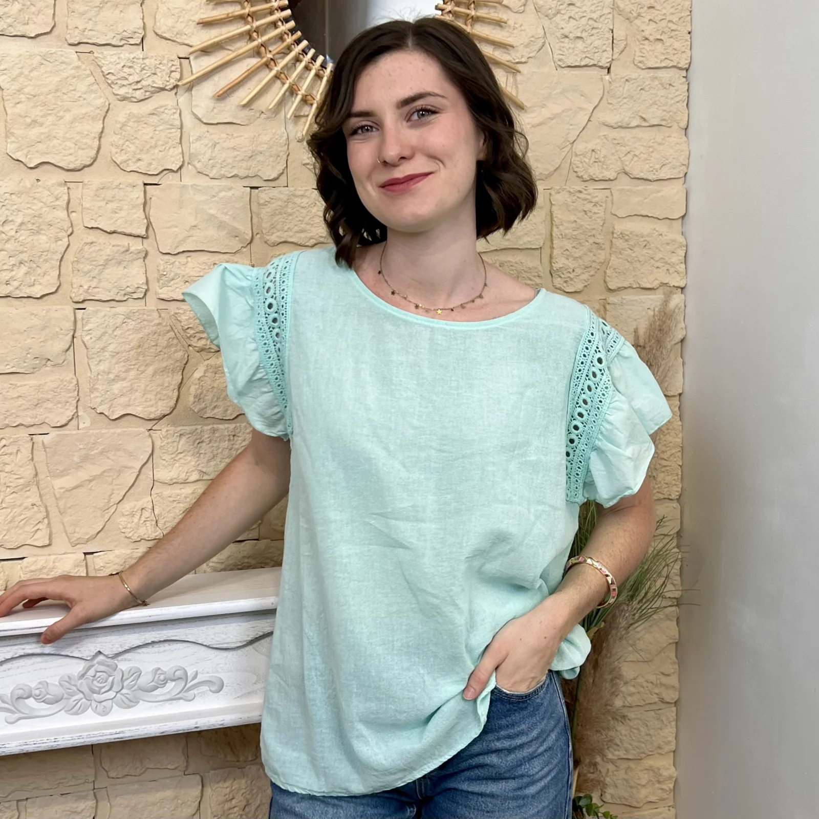 Blouse avec manches volantées (TU) - vert-deau - taille-unique