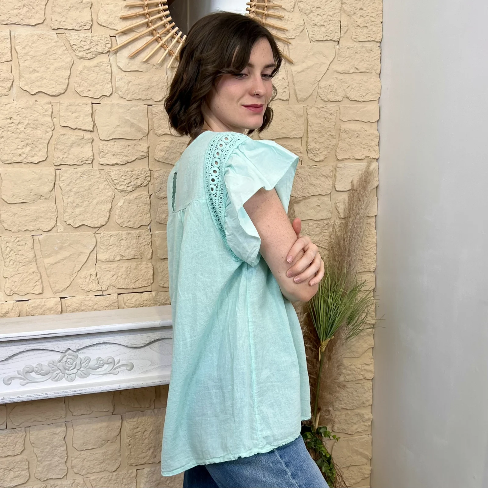 Blouse avec manches volantées (TU) - vert-deau - taille-unique