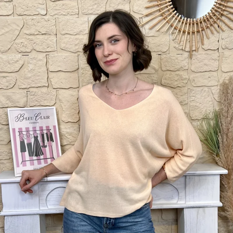 Pull femme maille fine col V loose « Tendance » - corail-saumon - taille-unique