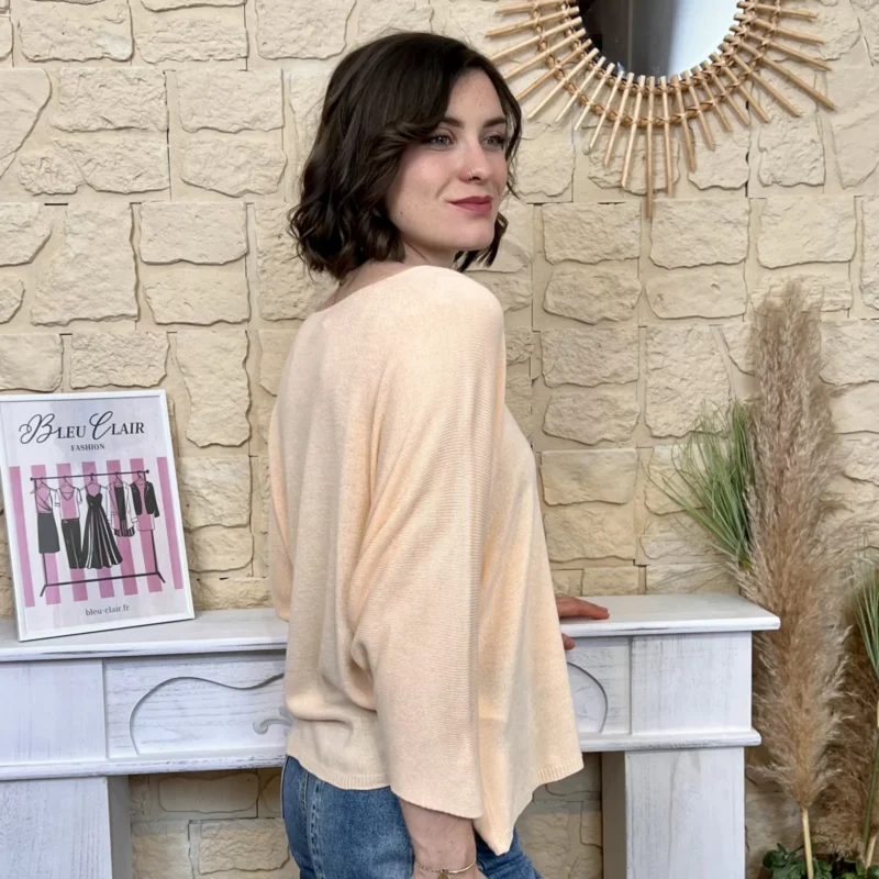 Pull femme maille fine col V loose « Tendance » - corail-saumon - taille-unique