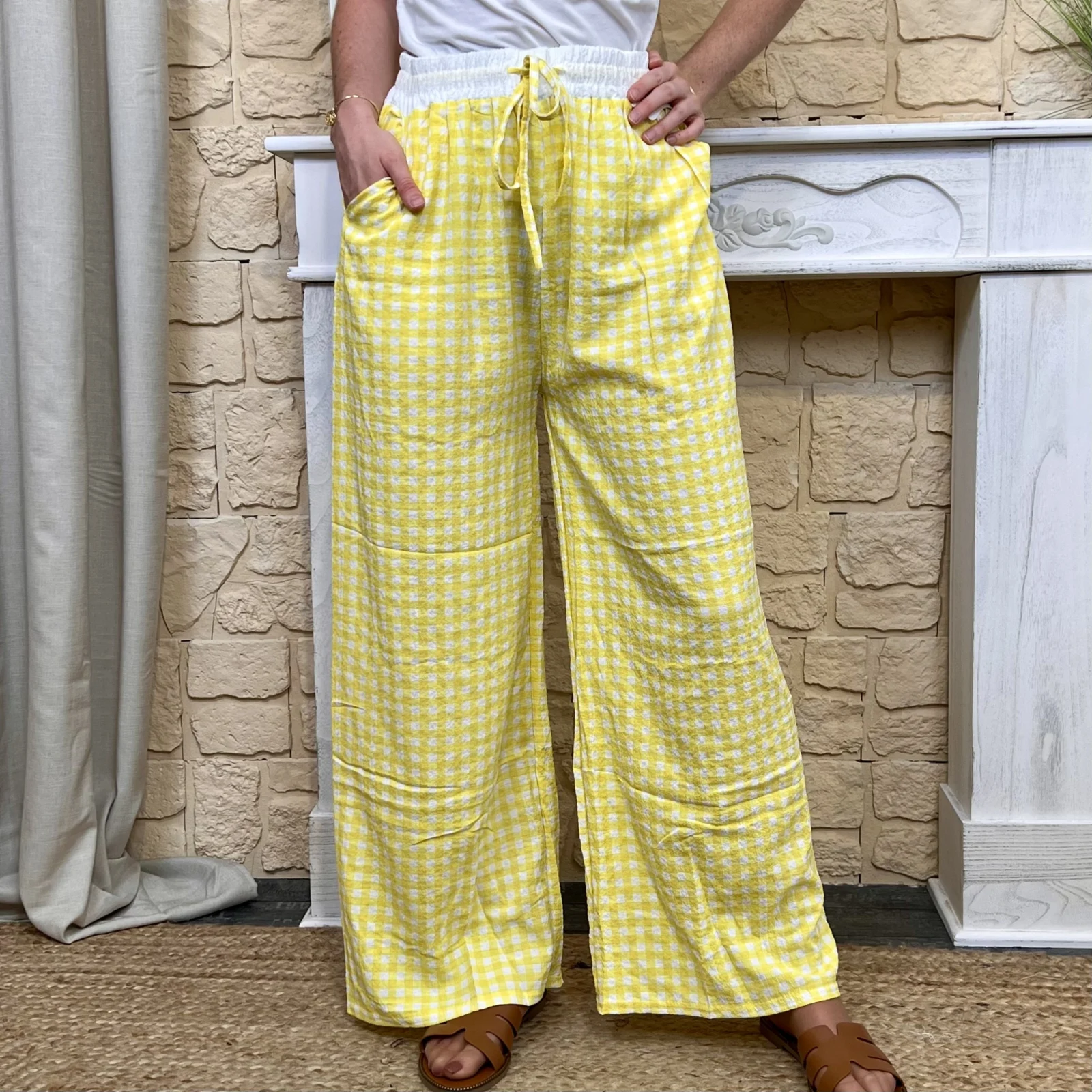 Pantalon large Vichy taille élastiquée - jaune - taille-unique face