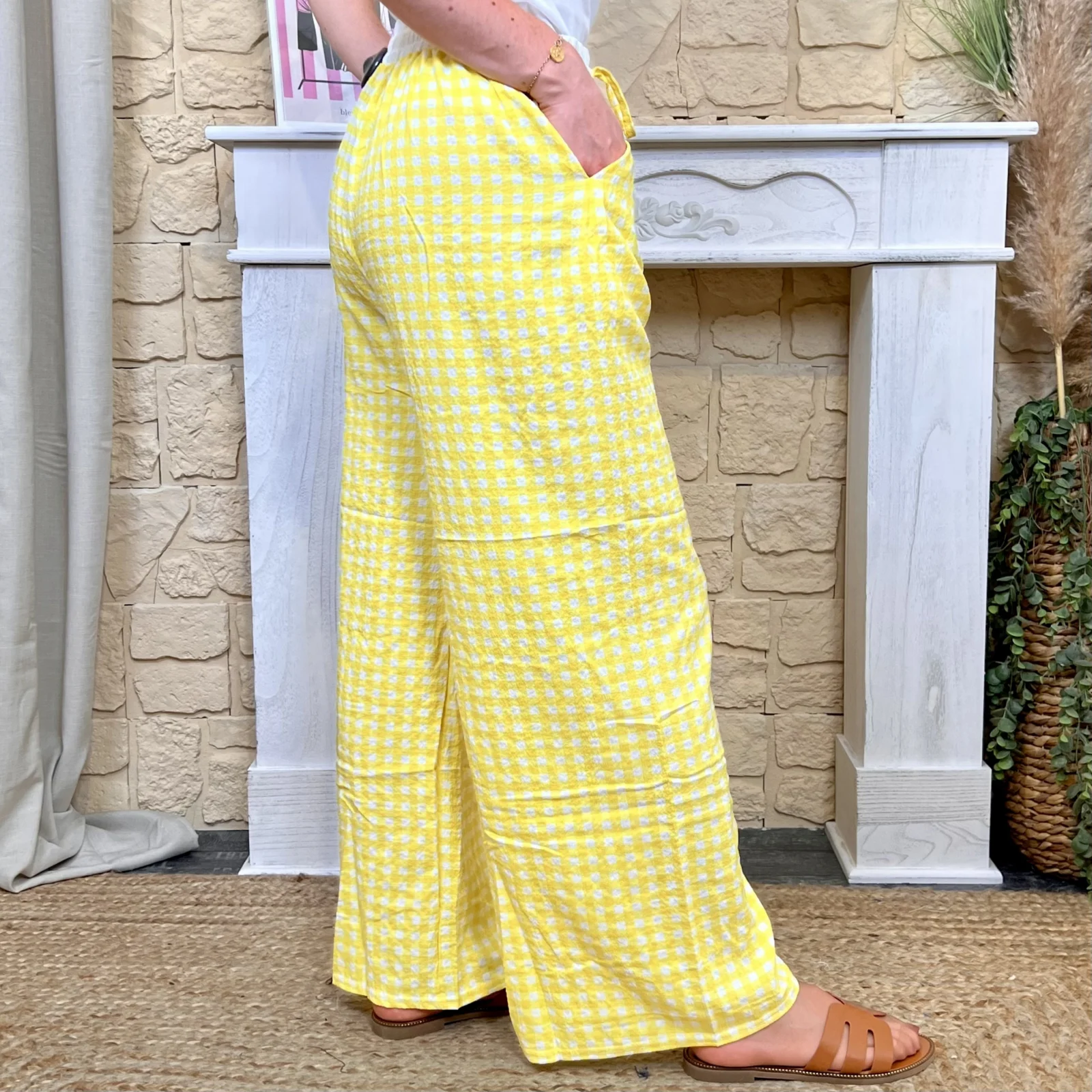 Pantalon large Vichy taille élastiquée - jaune - taille-unique profil