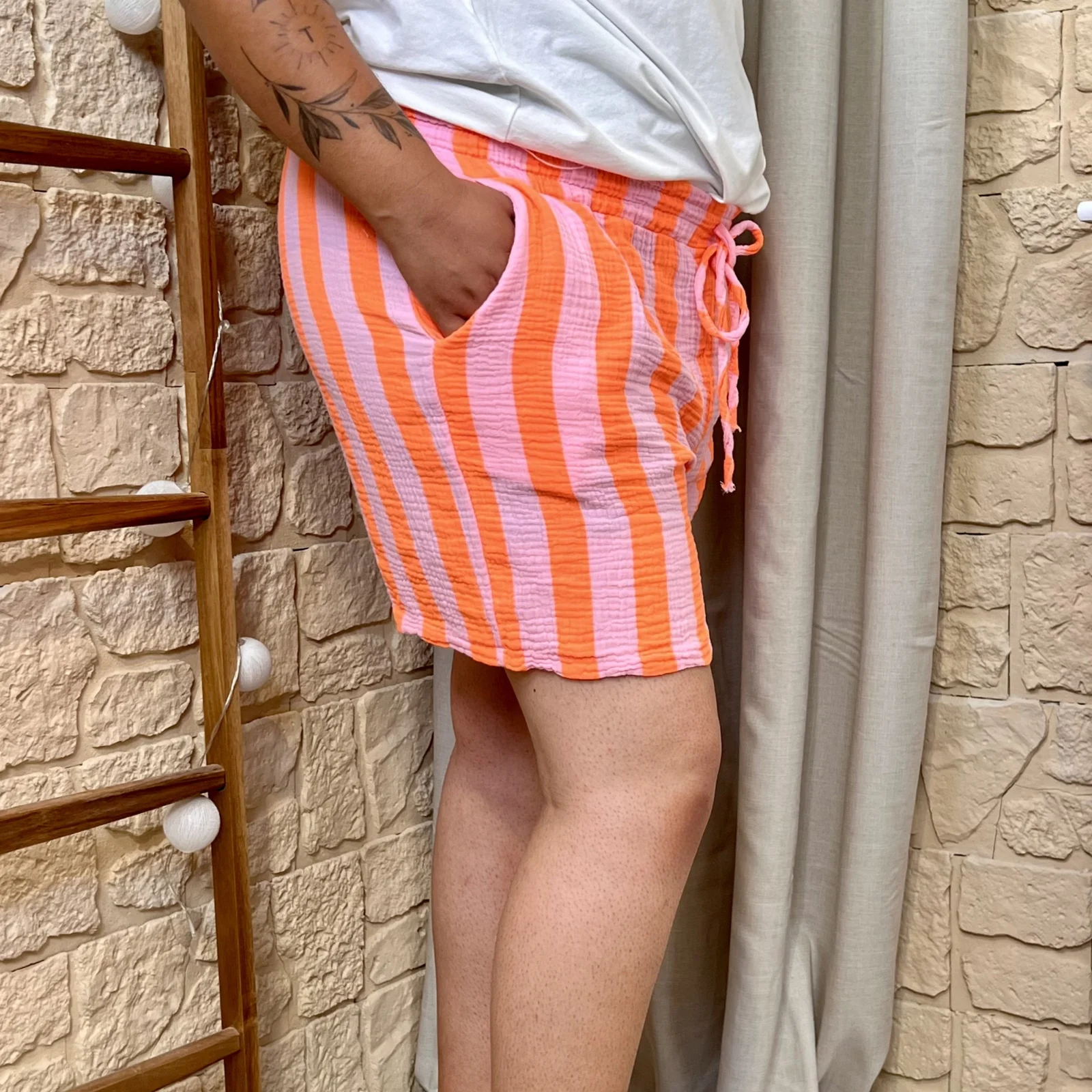 Short rayé gaze de coton (GT) - orange - taille-unique-grande-taille - profil