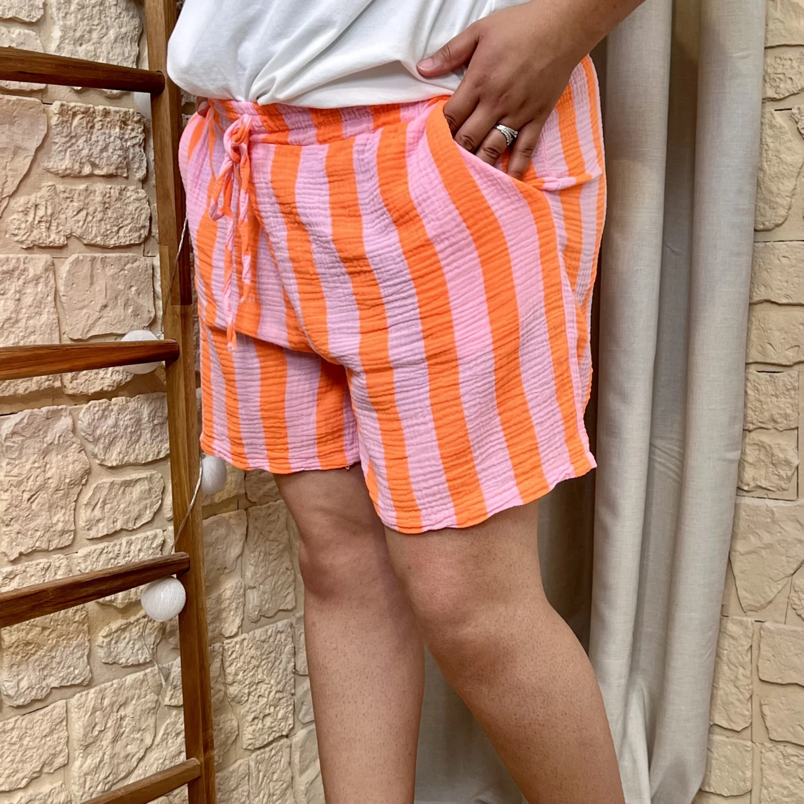Short rayé gaze de coton (GT) - orange - taille-unique-grande-taille