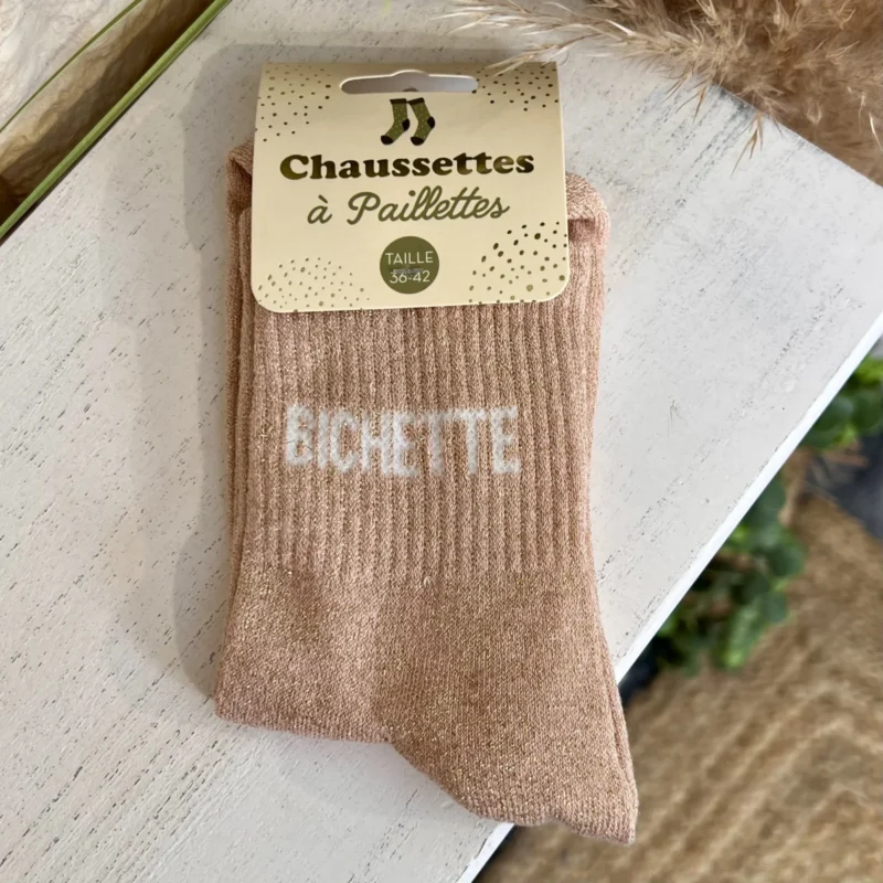 Chaussettes à paillettes bichette rose poudré- sans-taille face