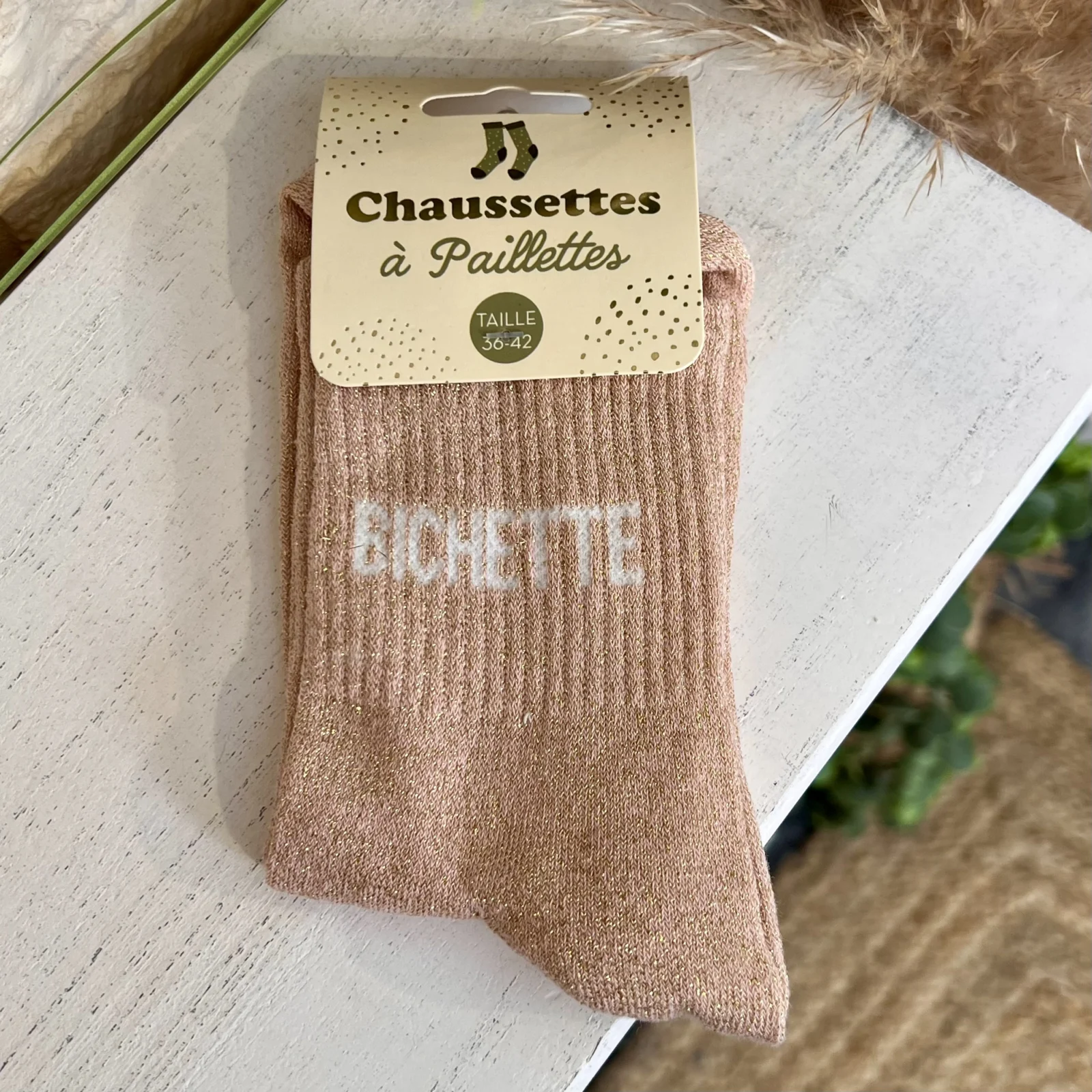 Chaussettes à paillettes bichette rose poudré- sans-taille face