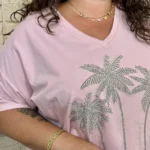 T-shirt femme palmiers strass « Jolies Formes » - rose-pale - taille-unique-grande-taille