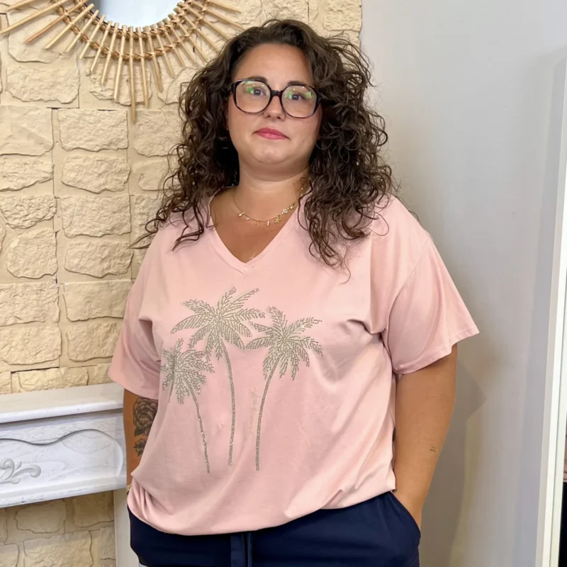 T-shirt femme palmiers strass « Jolies Formes » - rose-pale - taille-unique-grande-taille