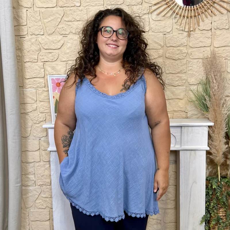 Débardeur col V dentelle - bleu-jeans - taille-unique-grande-taille