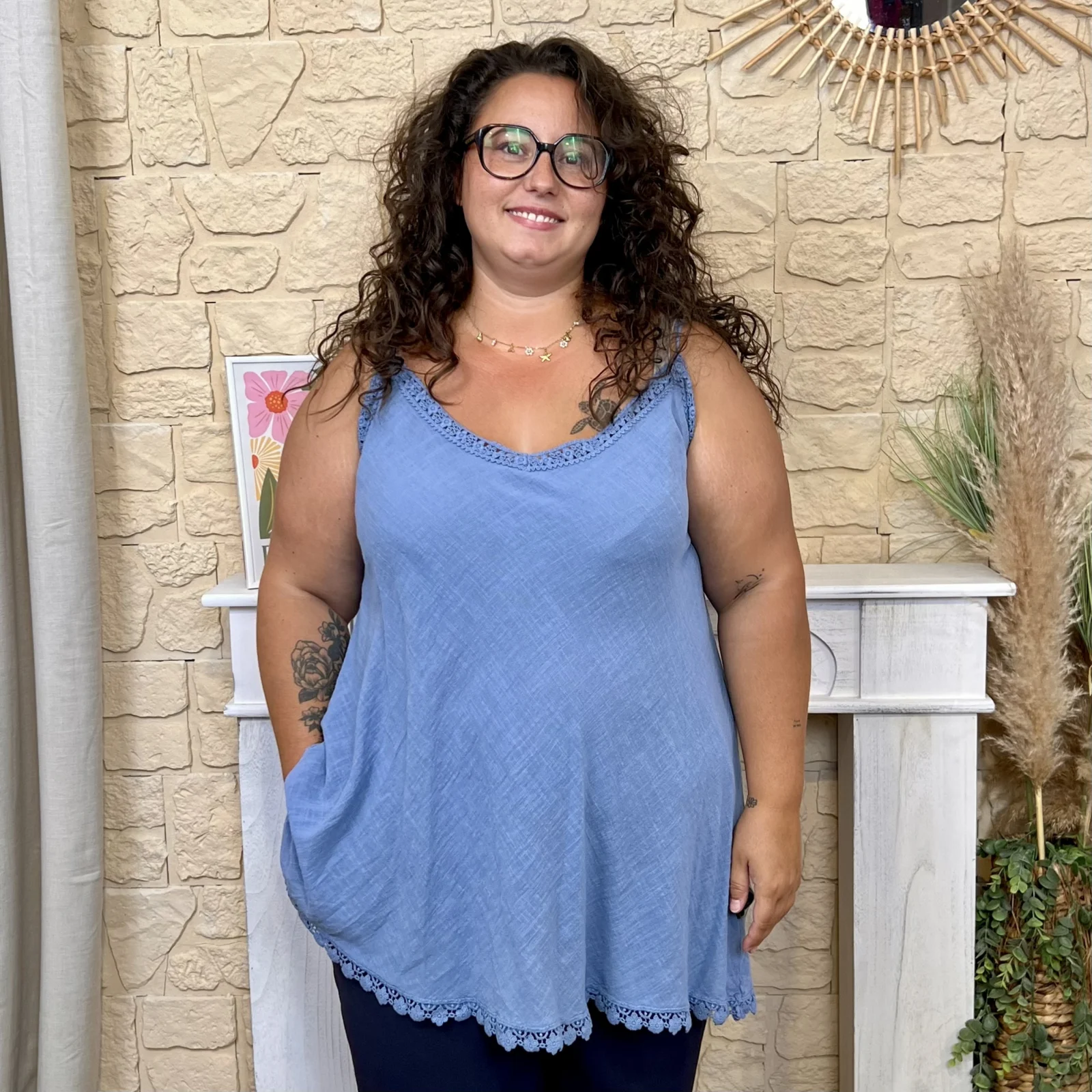 Débardeur col V dentelle - bleu-jeans - taille-unique-grande-taille
