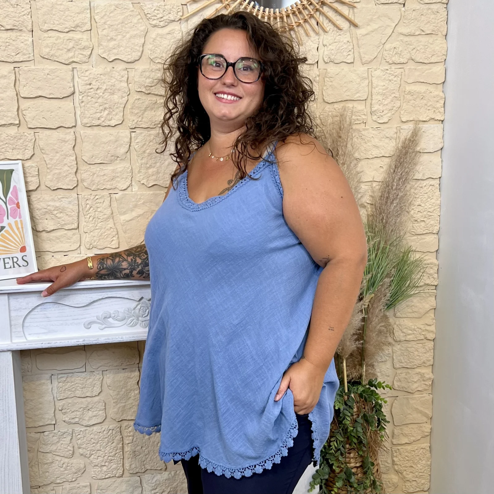 Débardeur col V dentelle - bleu-jeans - taille-unique-grande-taille