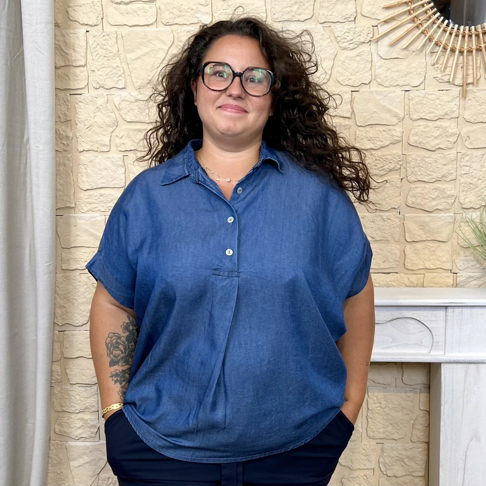 Blouse denim col chemise (GT) - denim - taille-unique-grande-taille