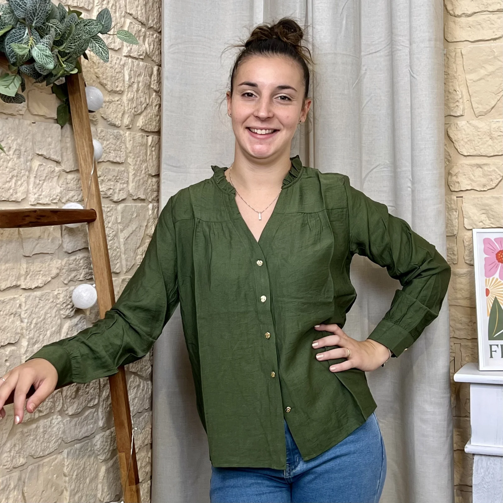 Blouse boutonnée col volanté (T36-T38) - kaki - 40