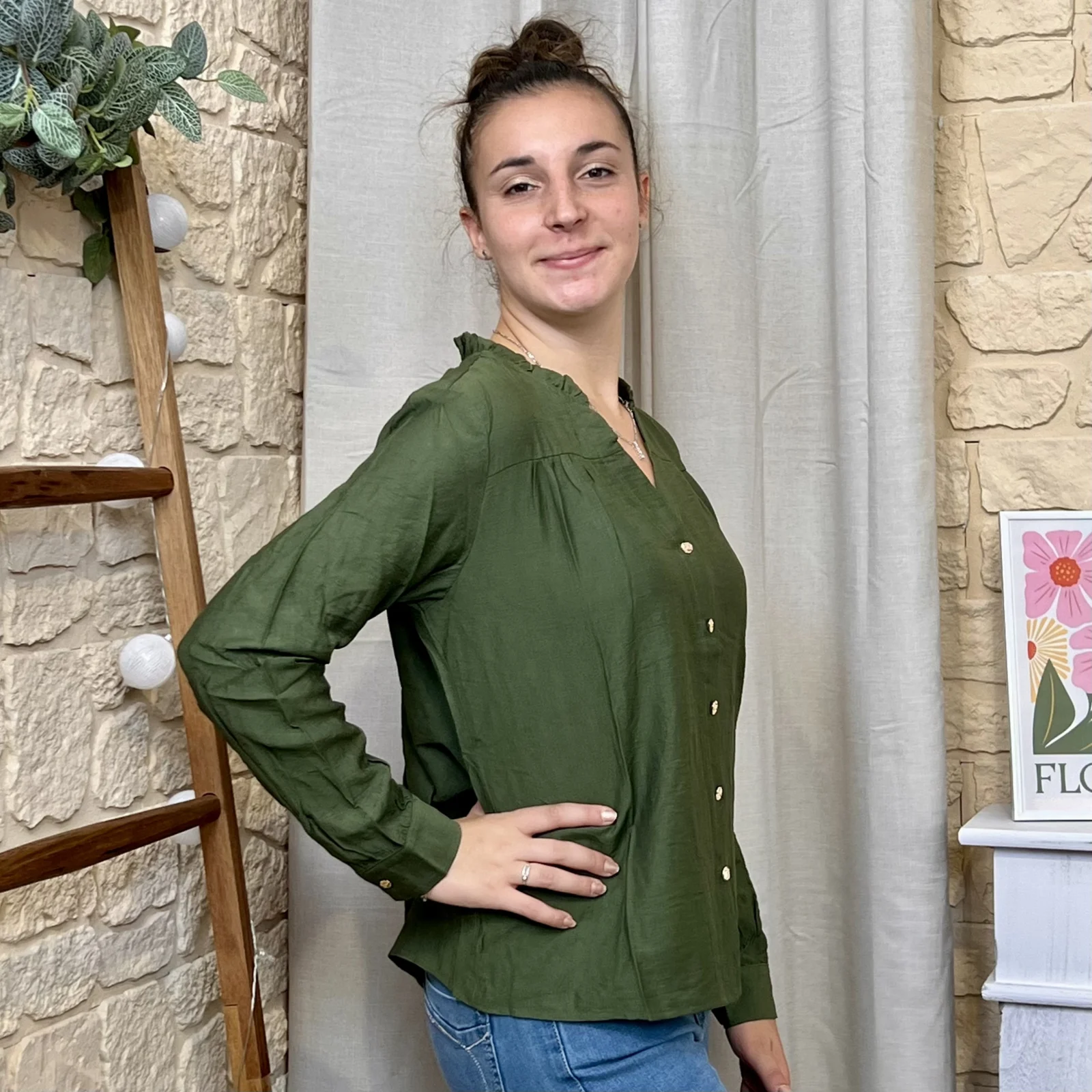 Blouse boutonnée col volanté (T36-T38) - kaki - 40
