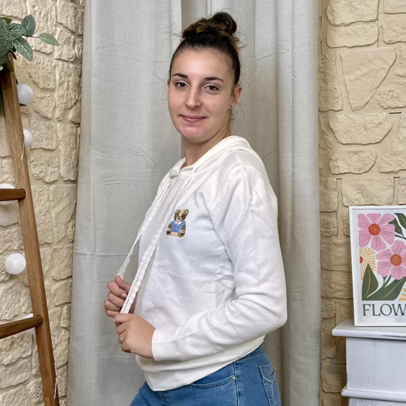 Pull à capuche ourson brodé (TU) - ecru - taille-unique