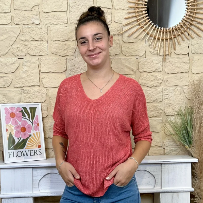 Pull nid d'abeille pailleté - corail - taille-unique