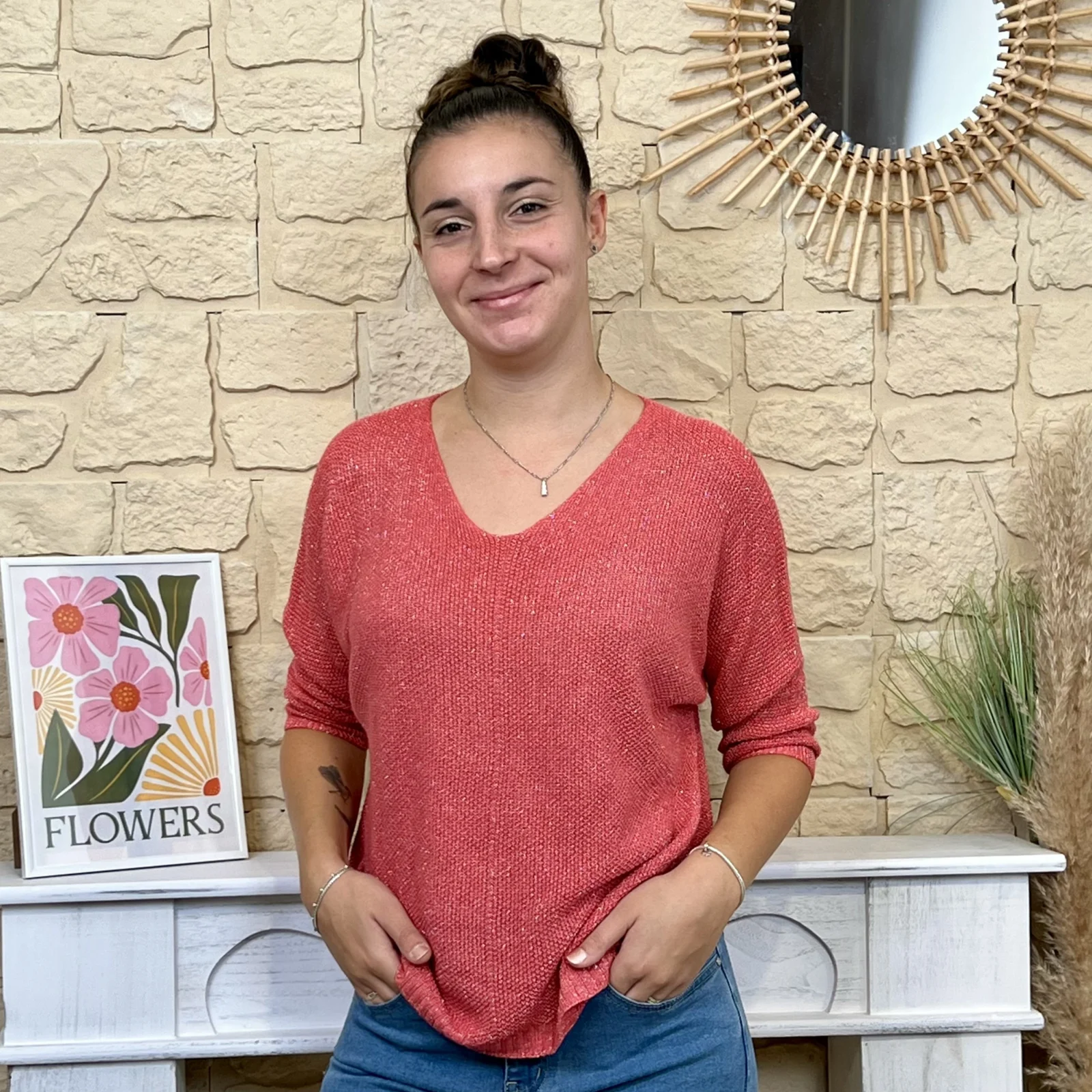 Pull nid d'abeille pailleté - corail - taille-unique