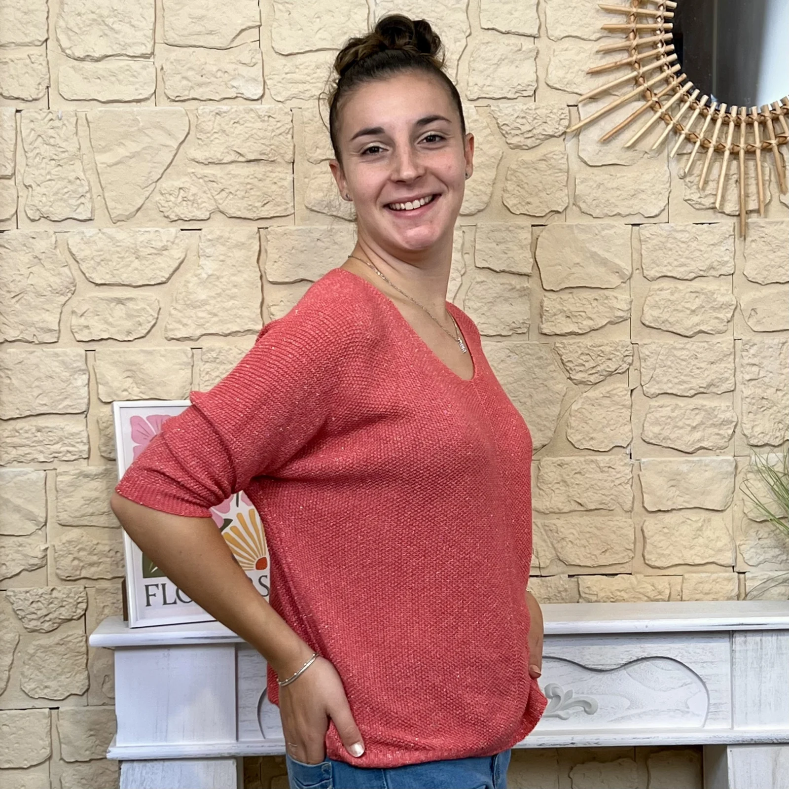 Pull nid d'abeille pailleté - corail - taille-unique