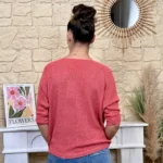 Pull femme nid d’abeille pailleté « Tendance » - corail - taille-unique