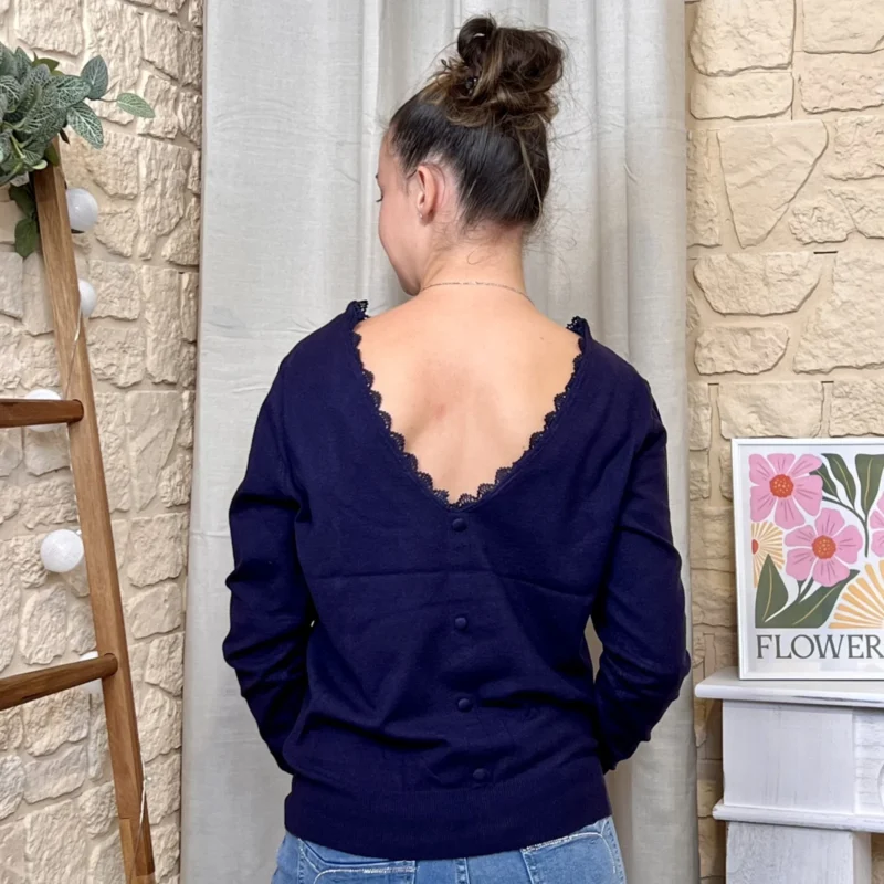 Pull col dentelle cœur brodé (TU) - marine - taille-unique