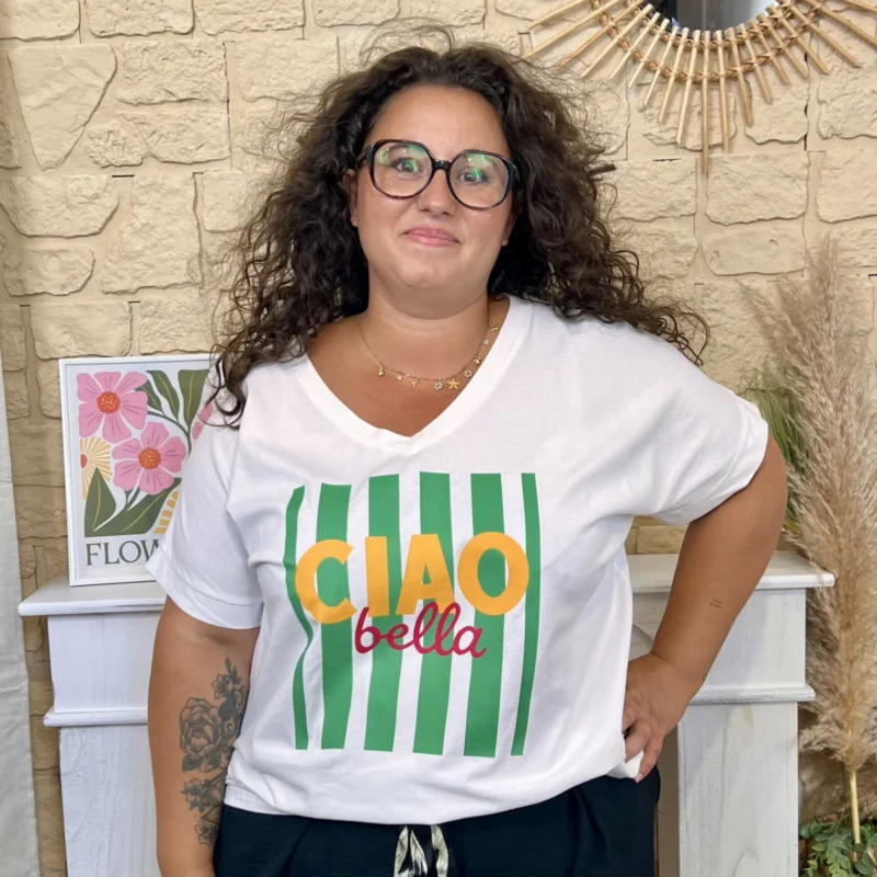 T-shirt femme rayé « Ciao Bella » « Jolies Formes » - vert-bresil - taille-unique-grande-taille