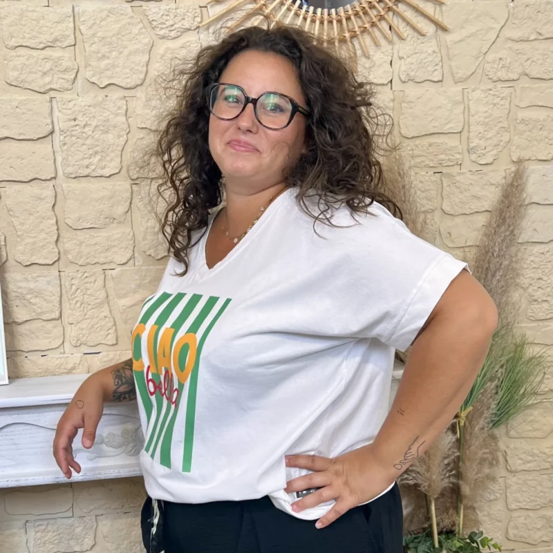 T-shirt femme rayé « Ciao Bella » « Jolies Formes » - vert-bresil - taille-unique-grande-taille