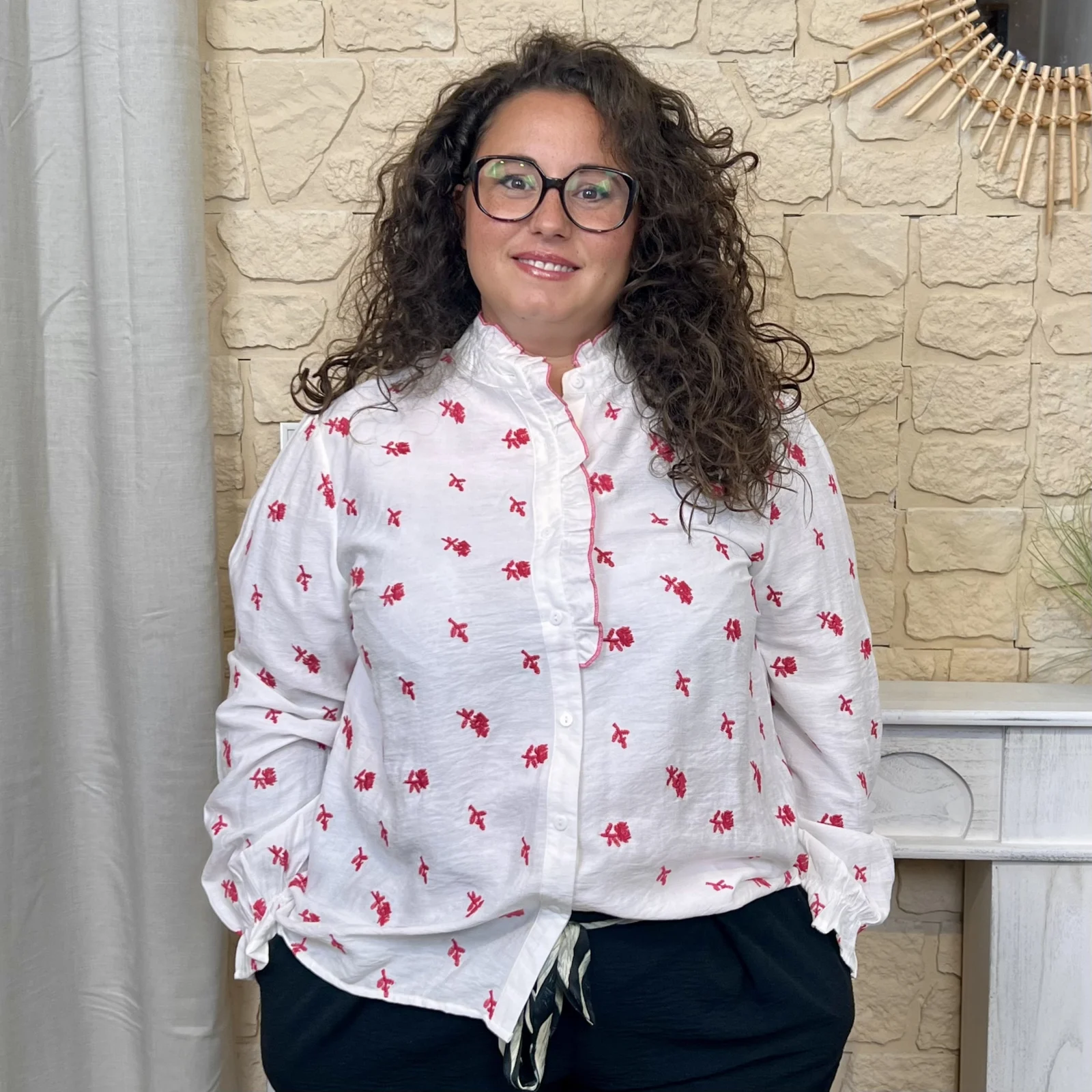Chemise fleurs brodées (T40-T48) - fuchsia - 48