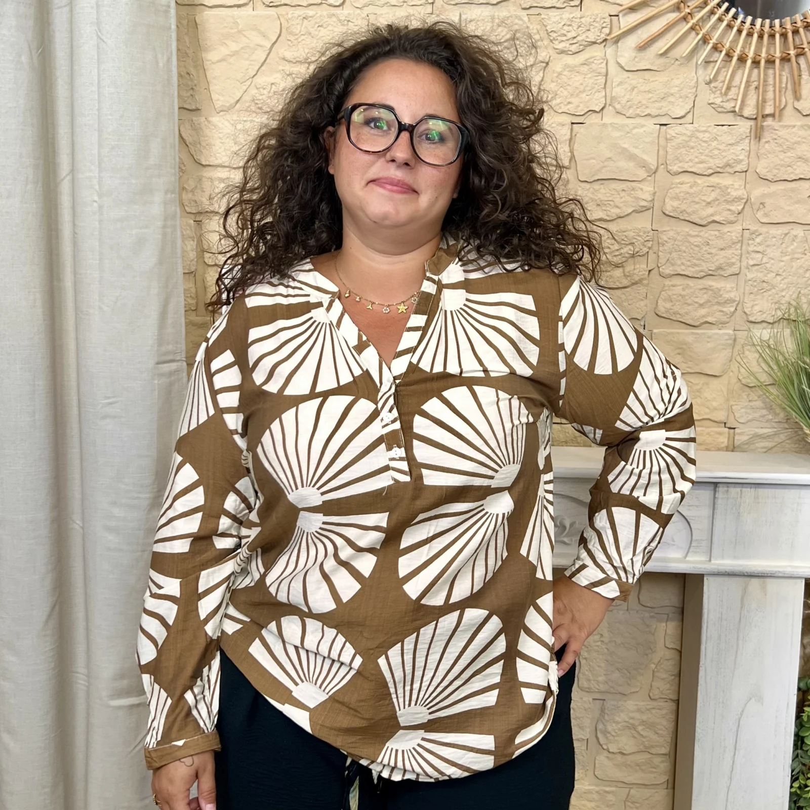 Blouse imprimée éventails (T44-T52) - marron - 52