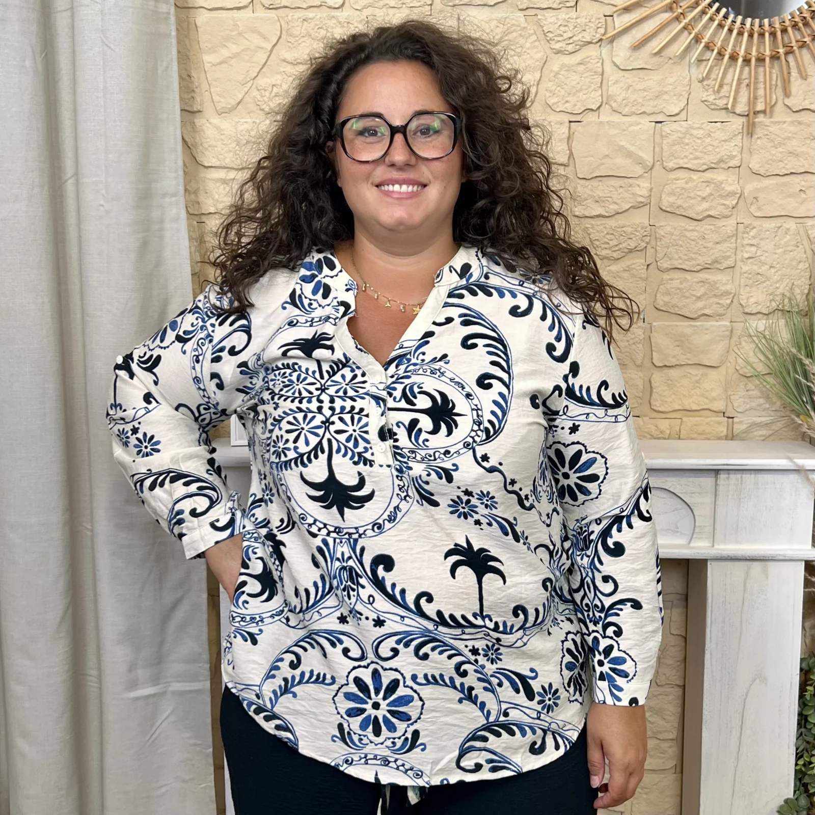 Blouse imprimée palmiers (T44-T52) - marine - 52
