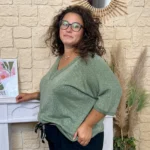 Pull femme fin pailleté col V « Jolies Formes » - kaki - taille-unique-grande-taille