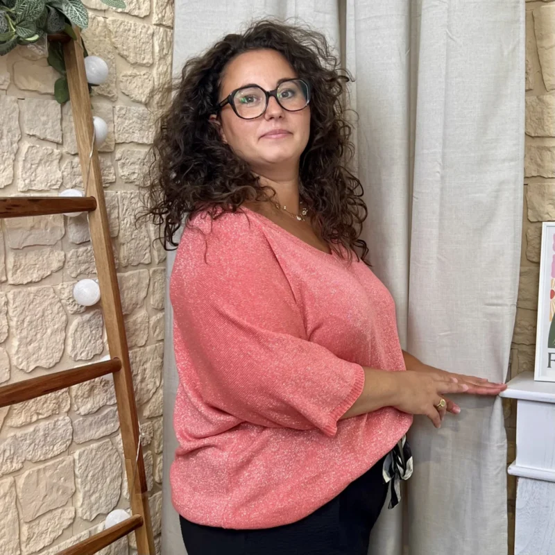 Pull fin pailleté col V (T44-T52) - corail - taille-unique-grande-taille