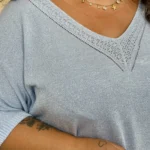 Pull femme fin pailleté col V « Jolies Formes » - bleu-ciel - taille-unique-grande-taille