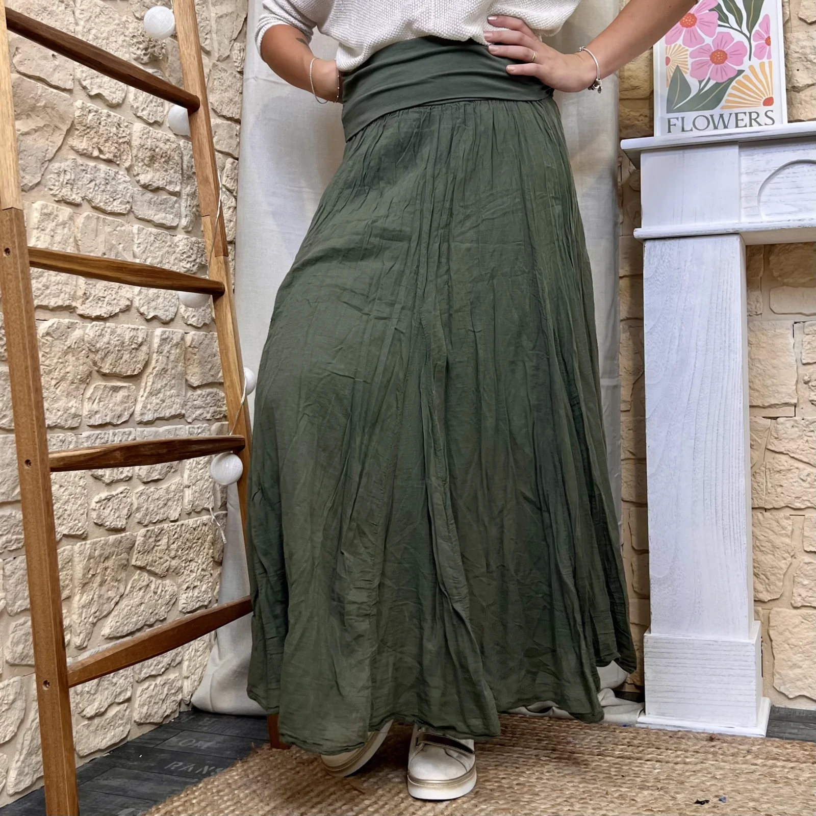 Jupe longue coton froissé unie - kaki - taille-unique