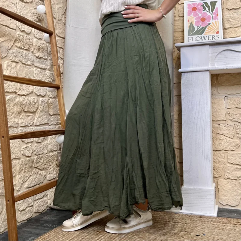 Jupe longue coton froissé unie - kaki - taille-unique