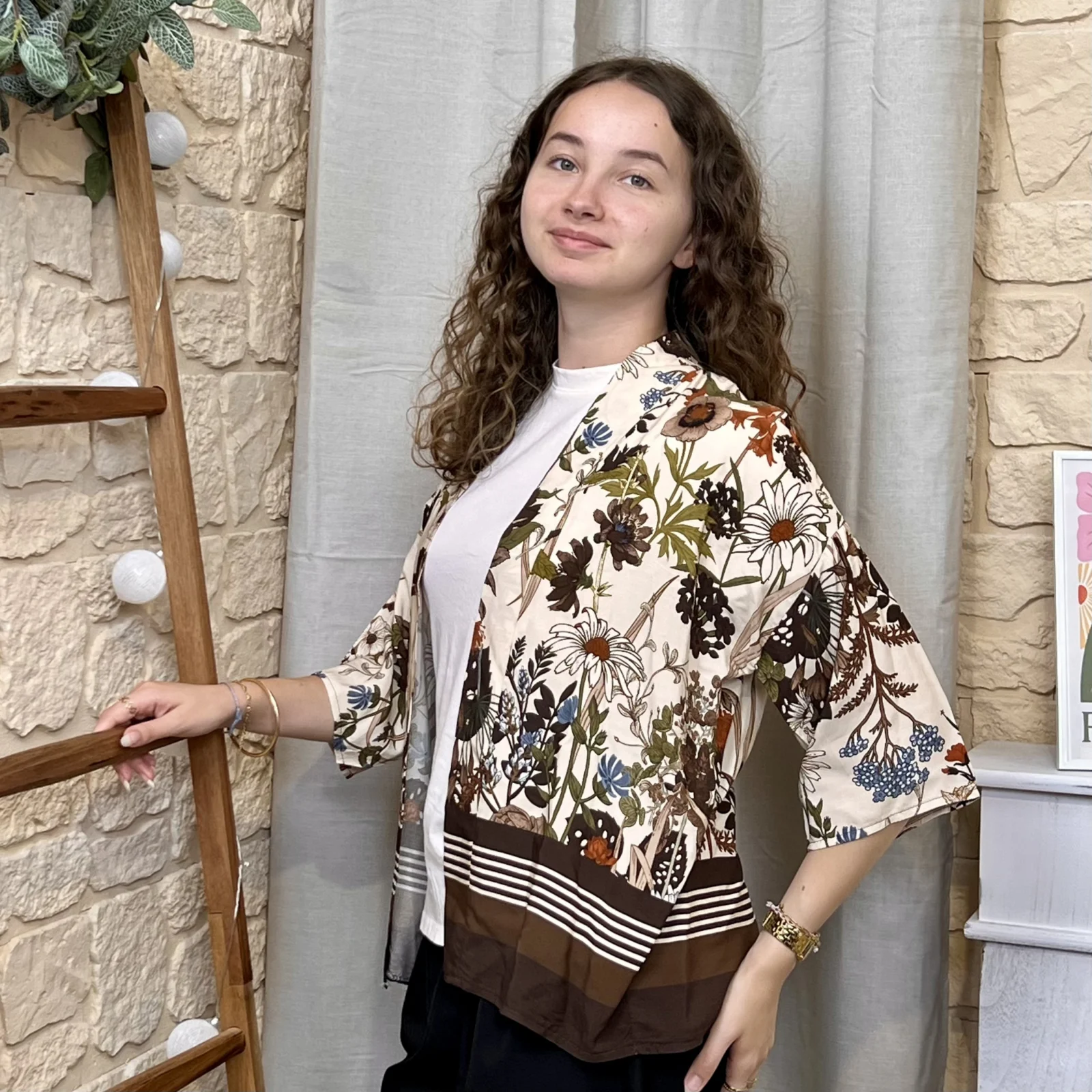 Kimono fleuri léger (TU) - marron - taille-unique